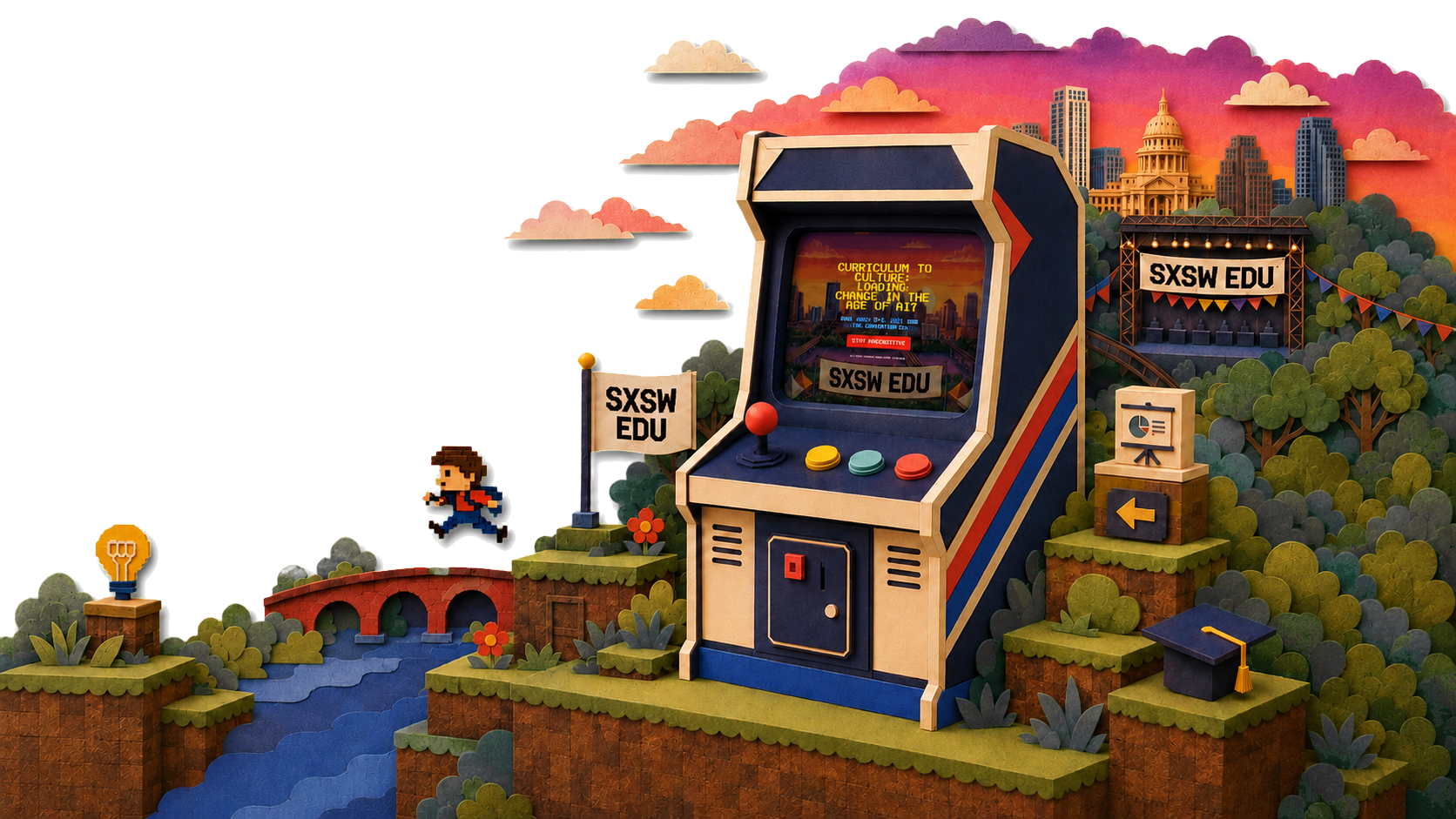 Papercraft diorama: a navy-and-cream arcade cabinet titled Curriculum to Culture stands on a grassy platform game world, a pixel hero runs toward it past SXSW EDU banners, with the Austin skyline under a sunset sky.