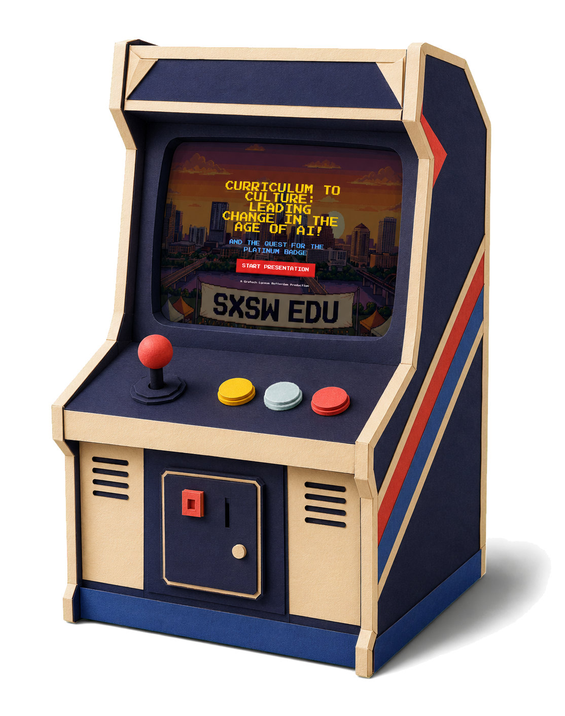 Papercraft arcade cabinet, its screen showing the pixel-art title screen for Curriculum to Culture at SXSW EDU.