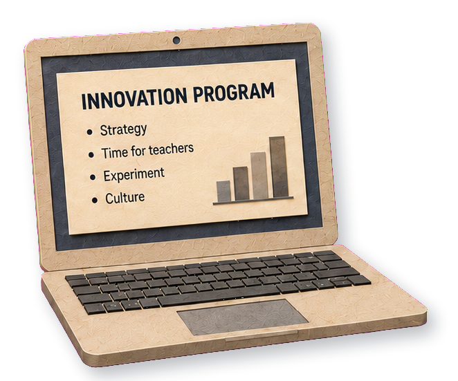 Papercraft laptop showing a plain slide titled Innovation Program with four bullet points and a bar chart.