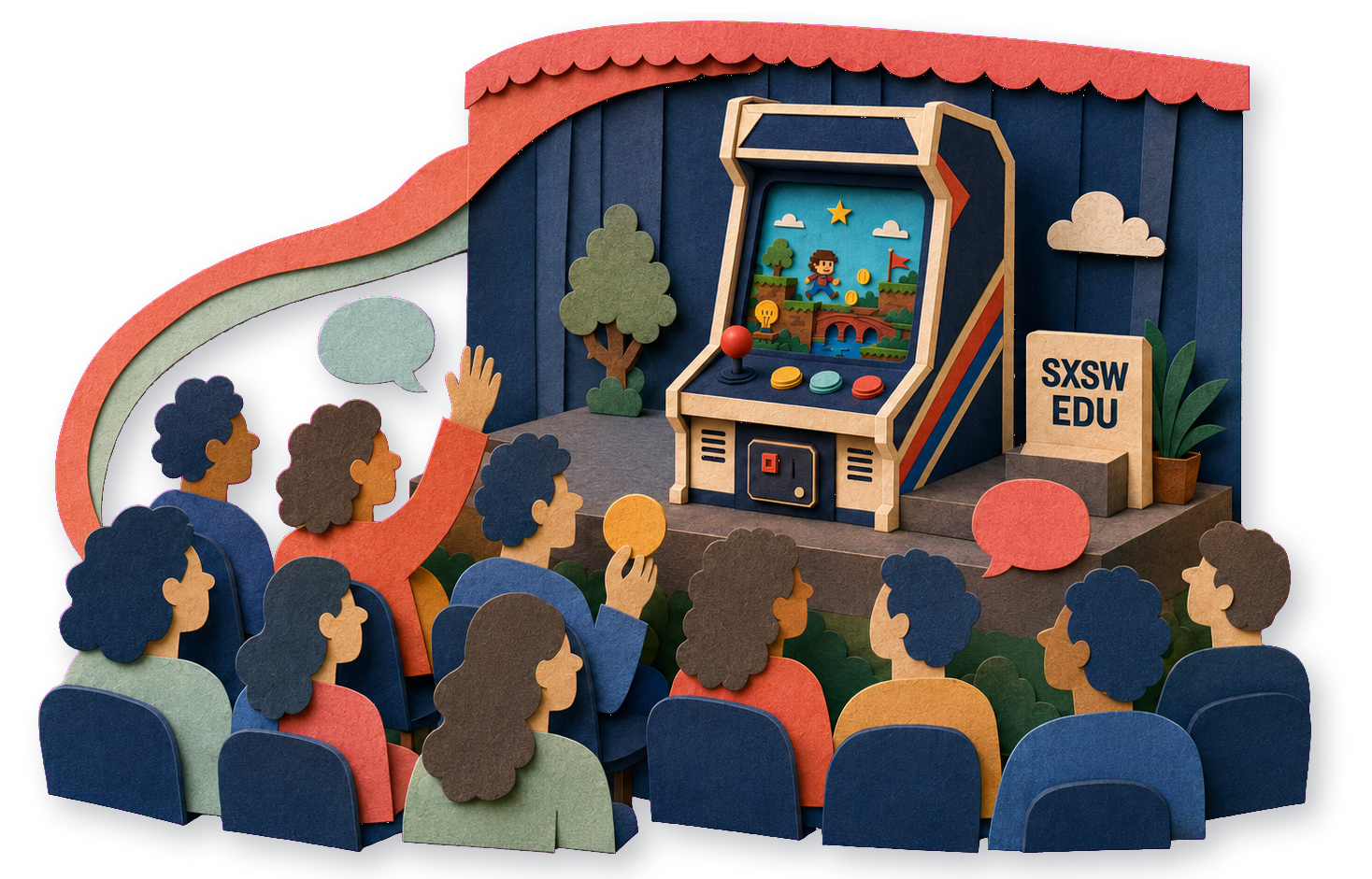 Papercraft audience on theatre seats watching the Curriculum to Culture arcade cabinet on a curtained SXSW EDU stage, one person raising a hand.
